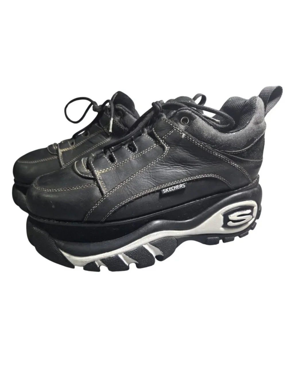 VTG Y2K 90s Mens Skechers Mega Platform Black White Chunky Leather Shoes US 11